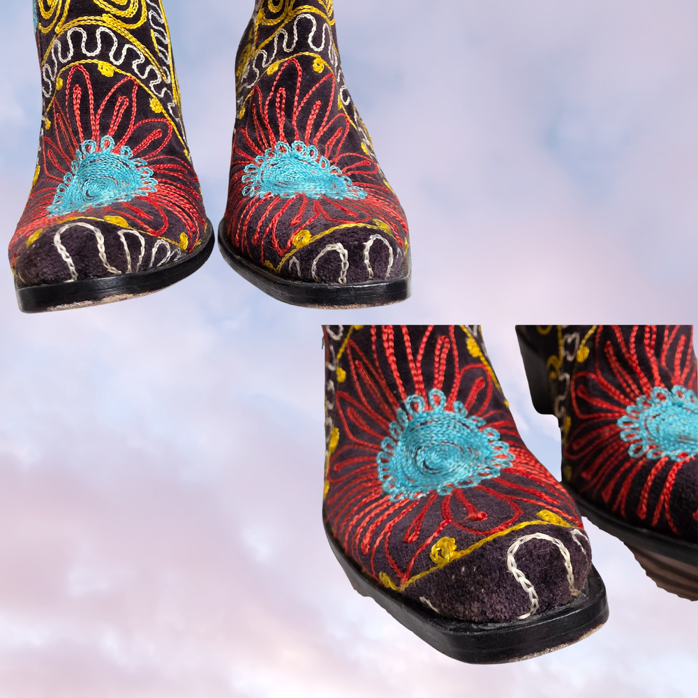 Velvet Road Black Colorful Pink Blue Yellow Floral Embroidered Western Boho Boot - Picture 6 of 9